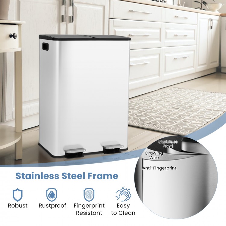 Dual compartment 8-gal trash can with stainless steel frame, fingerprint resistant, ideal for kitchen and office use.