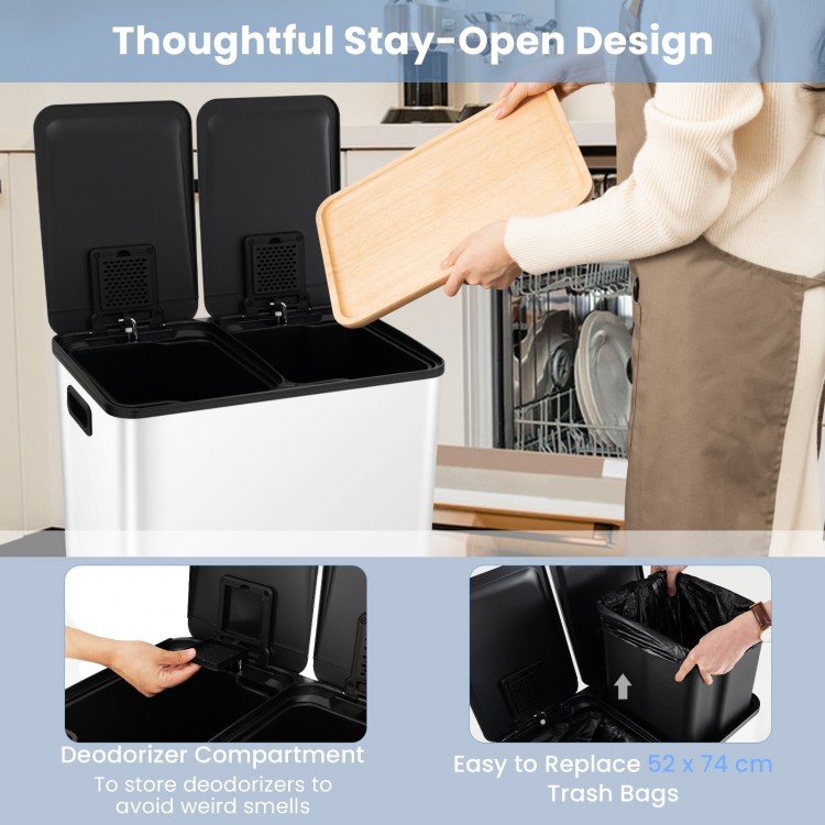 Dual compartment 8-gal trash can in white with stay-open design and deodorizer compartment for easy waste sorting.