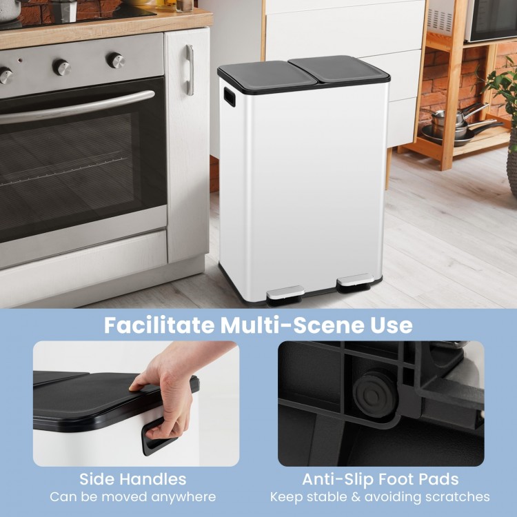 Dual compartment 8-gal trash can in white with side handles and anti-slip foot pads for easy waste sorting in any space.