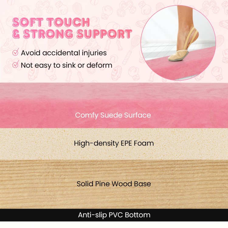 Folding gymnastics balance beam in pink with high-density foam, pine wood base, and anti-slip bottom for safety.