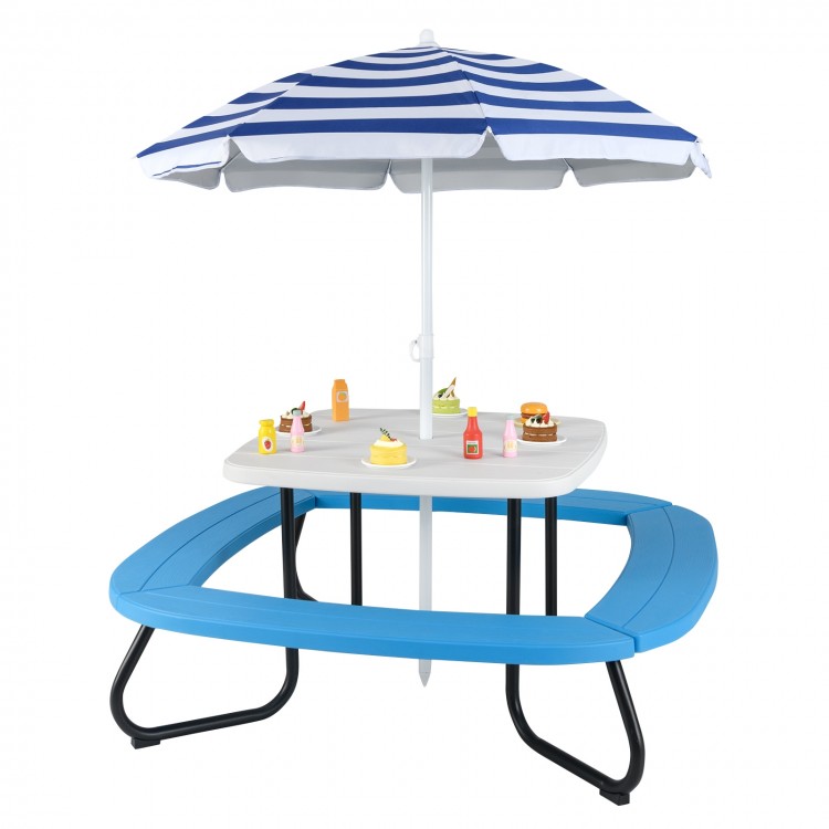 Toddler outdoor activity table with adjustable umbrella, featuring a sturdy metal frame, perfect for playtime and meals.
