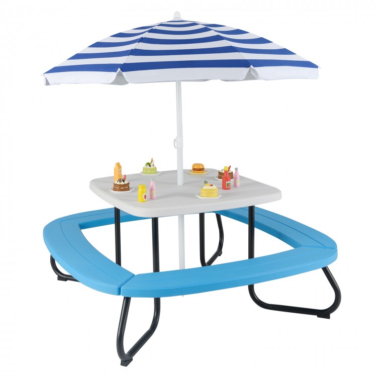 Toddler outdoor activity table with adjustable umbrella, made of weather-resistant HDPE, perfect for up to 8 kids.