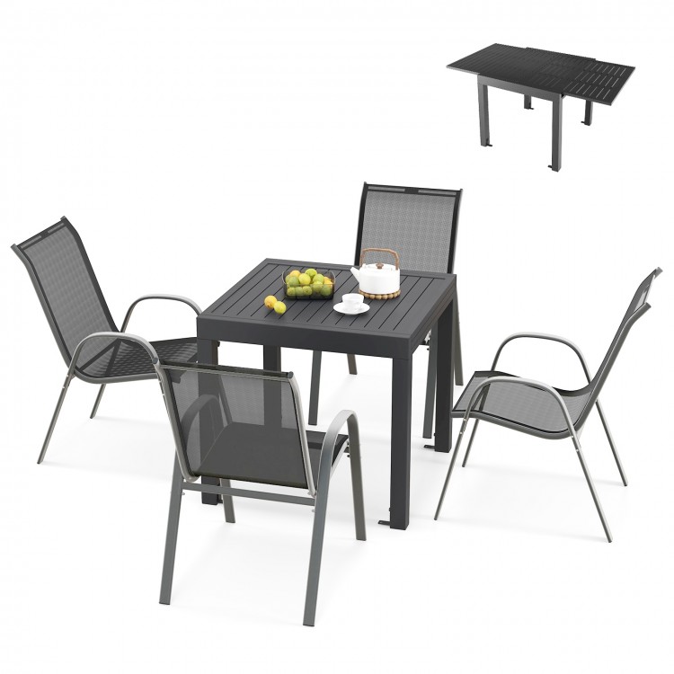 Outdoor Dining Table Set with Extendable Aluminum Table and 4 Stackable Chairs - Gallery View 1 of 13