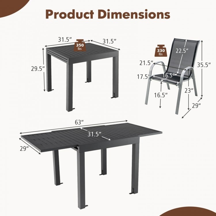 Dimensions of the extendable aluminum outdoor dining table and stackable chairs, suitable for 4 people.