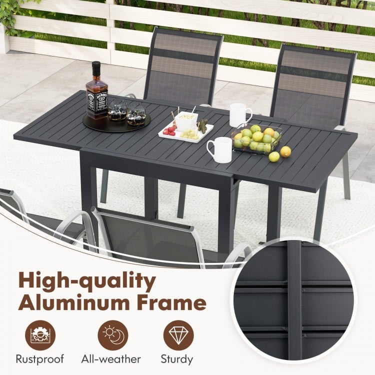 Close-up of the sturdy aluminum frame of the outdoor dining table, ideal for all-weather use in backyards or patios.