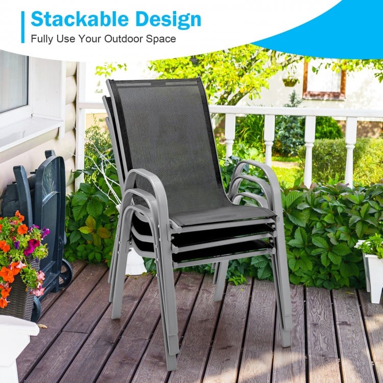 Stackable chairs with breathable fabric and curved armrests, perfect for outdoor dining and space-saving.