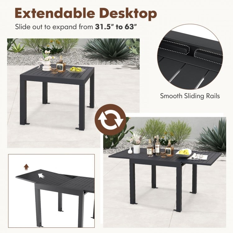 Extendable aluminum dining table shown in side view, expands from 31.5” to 63”, perfect for outdoor meals.