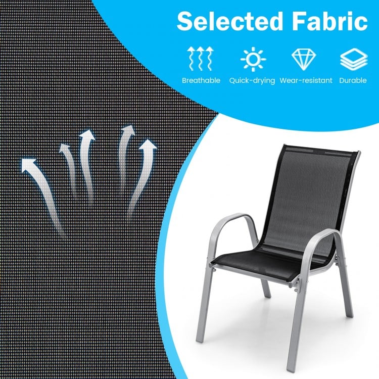 Breathable and quick-drying fabric of a stackable chair, designed for comfort and durability in outdoor dining settings.