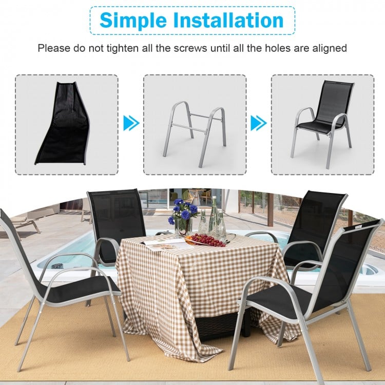 Assembly steps for the outdoor dining table set with extendable aluminum table and 4 stackable chairs.