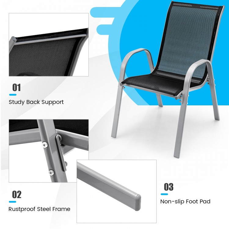 Stackable chair with breathable fabric and rustproof steel frame, designed for outdoor dining and stability.