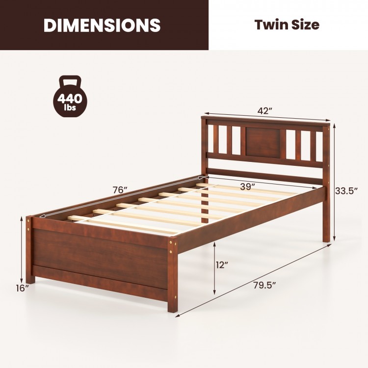 Twin size wooden platform bed with slat support, walnut finish, 440 lbs capacity, ideal for stylish bedroom setups.