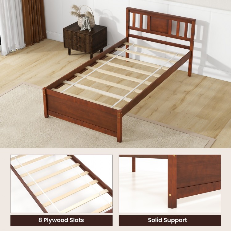 Twin size wooden platform bed frame with slatted support and robust design, featuring 8 plywood slats for lasting.