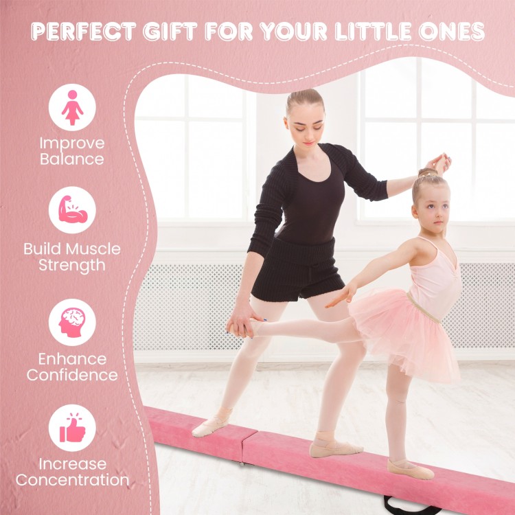 9 FT pink folding gymnastics balance beam with pine wood frame, ideal for improving balance and enhancing confidence.
