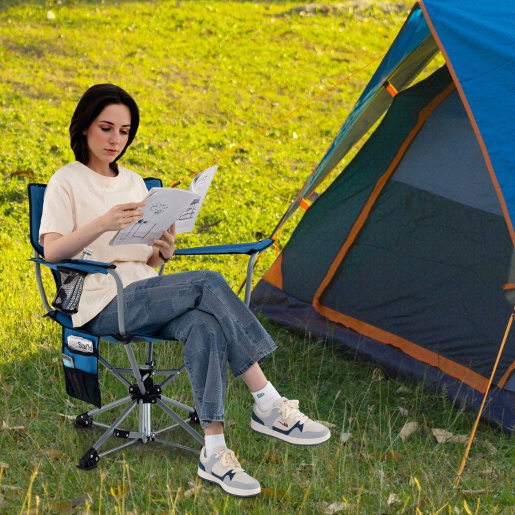 Portable foldable hunting chair in blue with 360° swivel seat, mesh cup holder, and side storage pockets for camping.