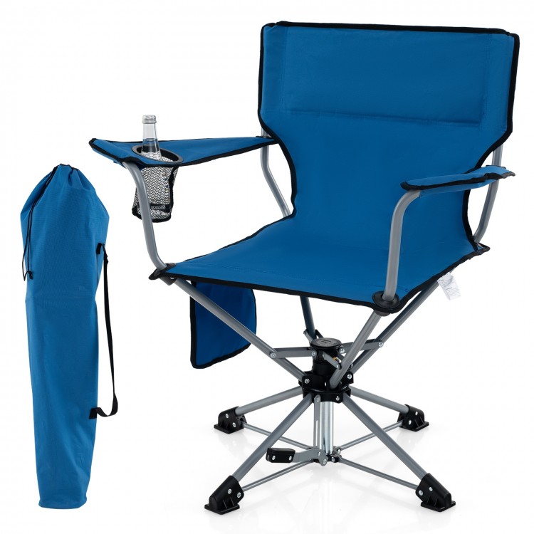 Portable blue 360° swivel hunting chair with mesh cup holder and storage pockets, ideal for camping and outdoor.