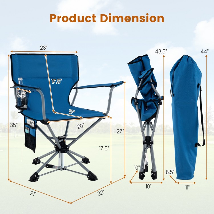 Portable foldable hunting chair with 360° swivel, blue fabric, and storage pockets, ideal for camping and outdoor use.