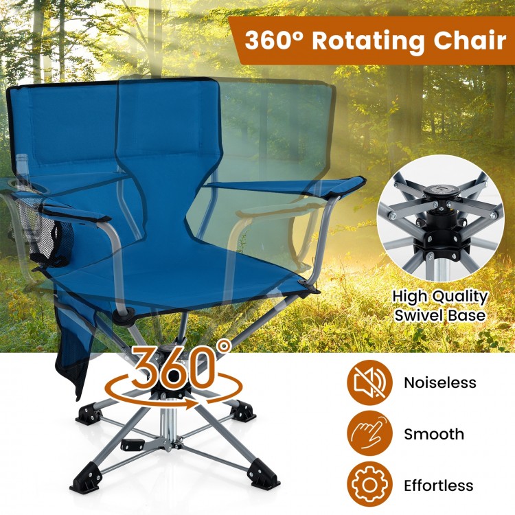 360° rotating hunting chair in blue with mesh cup holder, foldable design, and sturdy metal frame for outdoor.