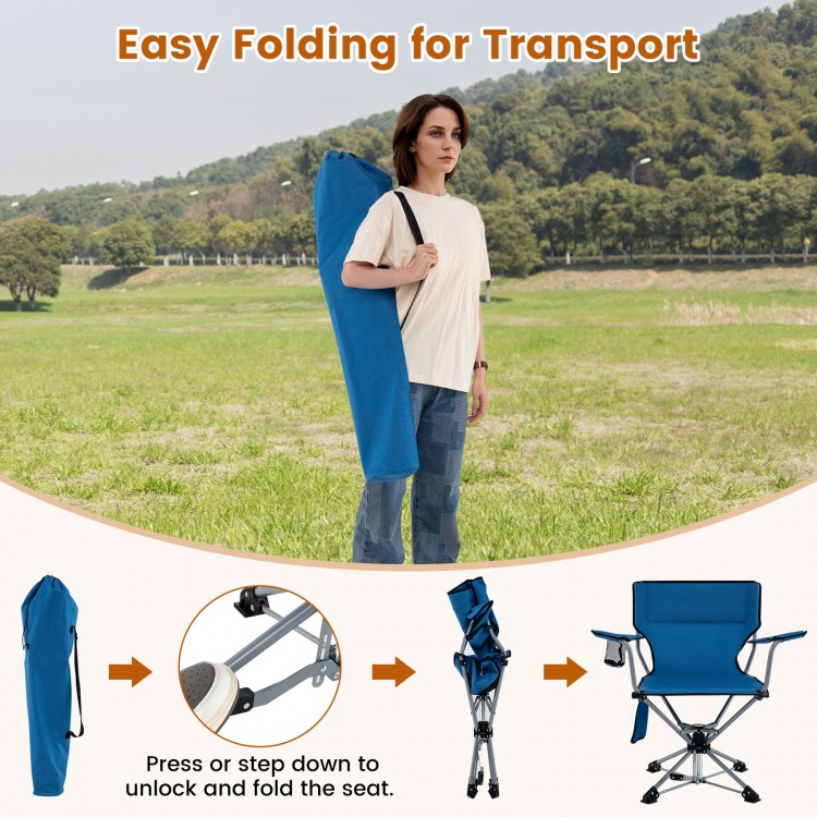 Portable foldable hunting chair in blue with 360° swivel, mesh cup holder, and storage pockets for outdoor activities.