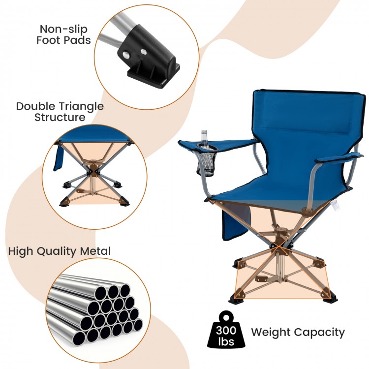 Portable blue 360° swivel hunting chair with high-quality metal frame, non-slip foot pads, and mesh cup holder.