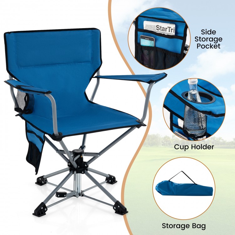 Portable blue 360° swivel hunting chair with mesh cup holder and side storage pockets, ideal for camping and outdoor.