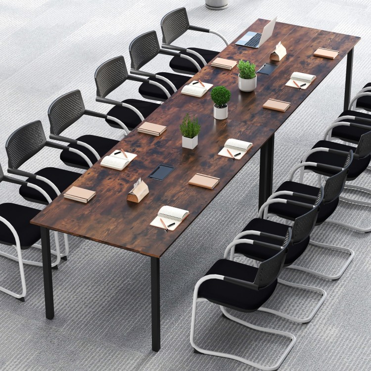 Large 6 feet rustic brown conference table seats 8-10, featuring built-in cable management and sturdy metal legs.
