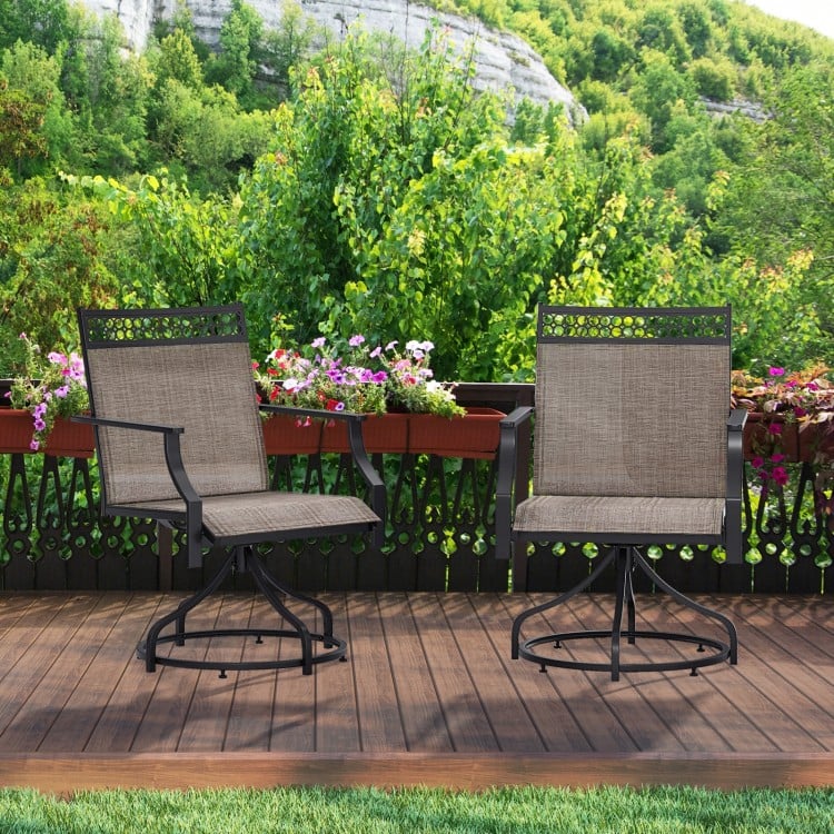 Patio swivel dining chairs set of 2 with heavy-duty metal frame and brown fabric, perfect for outdoor relaxation.