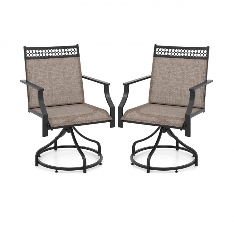 Patio swivel dining chairs set of 2 with heavy-duty metal frame and breathable fabric, perfect for outdoor relaxation.