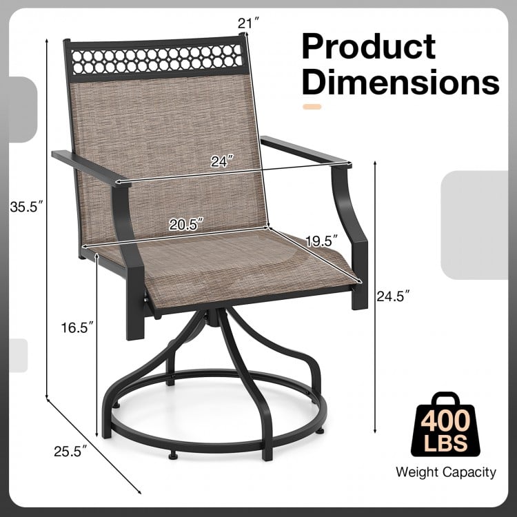 Patio swivel dining chair dimensions with heavy-duty metal frame, brown fabric, and 400 lbs weight capacity for outdoor.