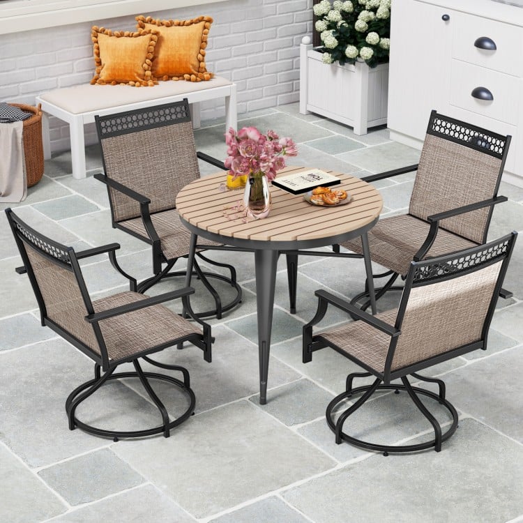 Patio swivel dining chairs set of 2 with heavy-duty metal frame and armrests, perfect for outdoor relaxation.