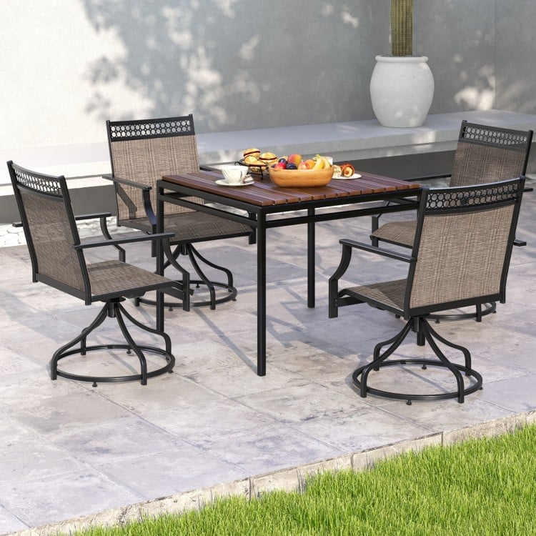 Patio swivel dining chairs set of 2 with heavy-duty metal frame, stylish patterns, perfect for outdoor relaxation.
