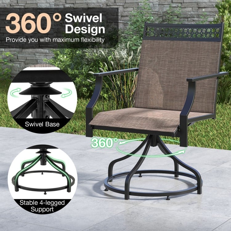 Brown patio swivel dining chair showcasing a 360° swivel design and heavy-duty metal frame for outdoor relaxation.