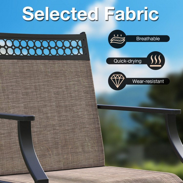 Close-up of breathable, quick-drying fabric on a patio swivel dining chair, featuring a heavy-duty metal frame for.