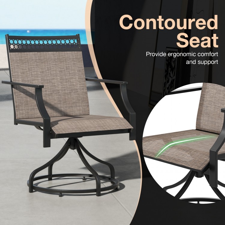 Brown patio swivel dining chair with contoured seat and heavy-duty metal frame, perfect for outdoor relaxation.