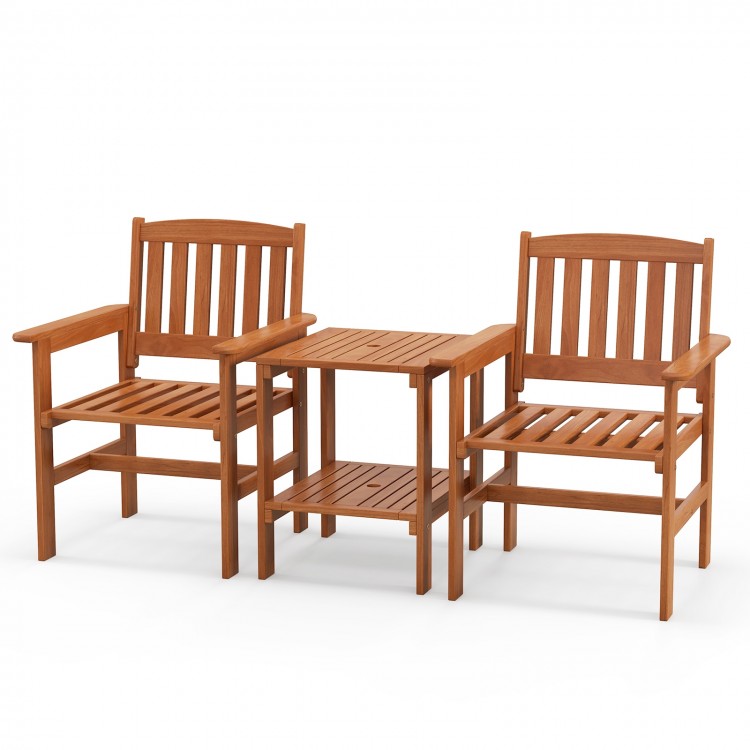 3-piece patio bistro set featuring sturdy wood chairs and a table with umbrella hole, perfect for outdoor relaxation.
