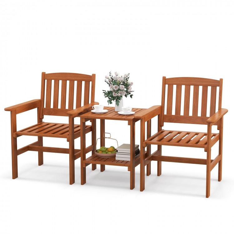 Wooden chairs with slatted design and comfortable armrests, paired with a bistro table, ideal for outdoor gatherings.