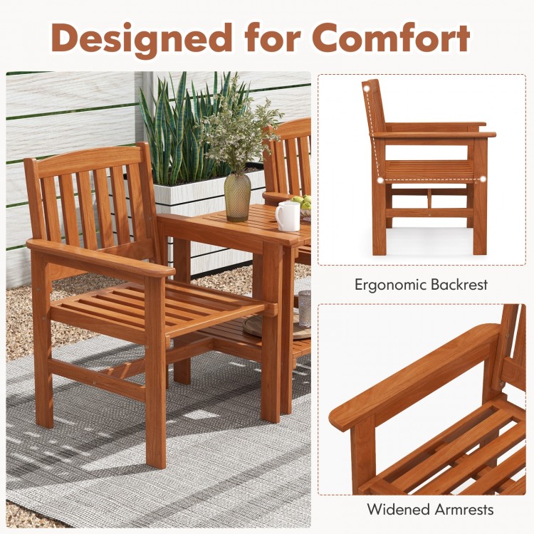 Patio bistro chair with ergonomic backrest and widened armrests, made of sturdy wood for outdoor relaxation.