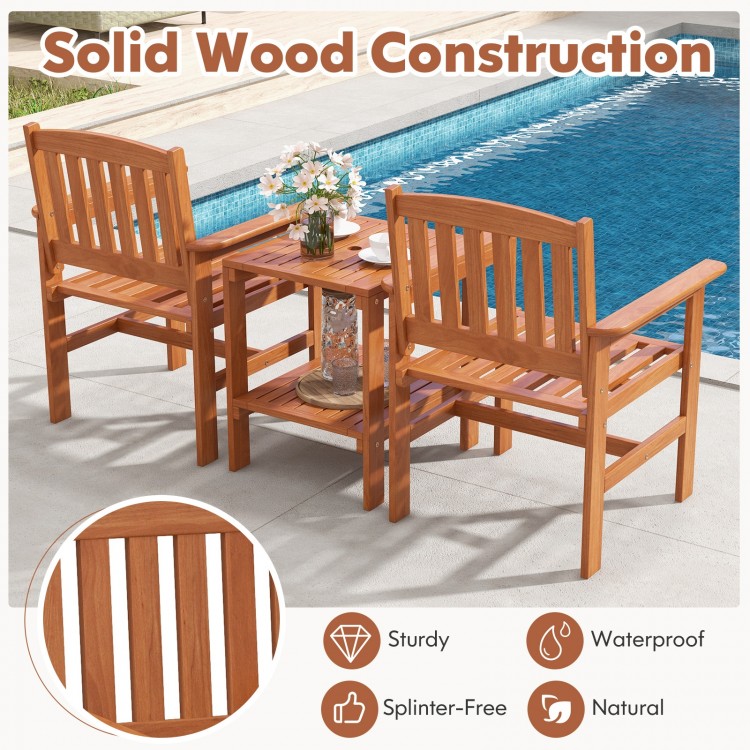 Close-up of the slatted backrest and armrest of a wooden chair from the 3 Piece Patio Bistro Set, ideal for outdoor.