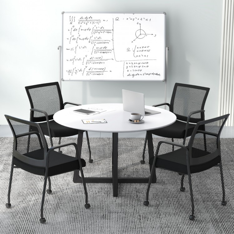 Black office guest chairs on wheels with metal frame and armrests, designed for comfort and mobility in meeting rooms.