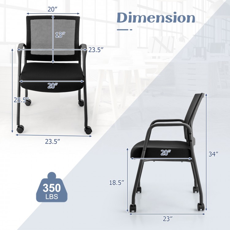 Black office guest chair with wheels, metal frame, ergonomic design, and breathable mesh backrest for comfort and.