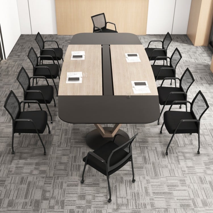 Black office guest chairs on wheels with metal frame and armrests, ideal for meetings and office use.