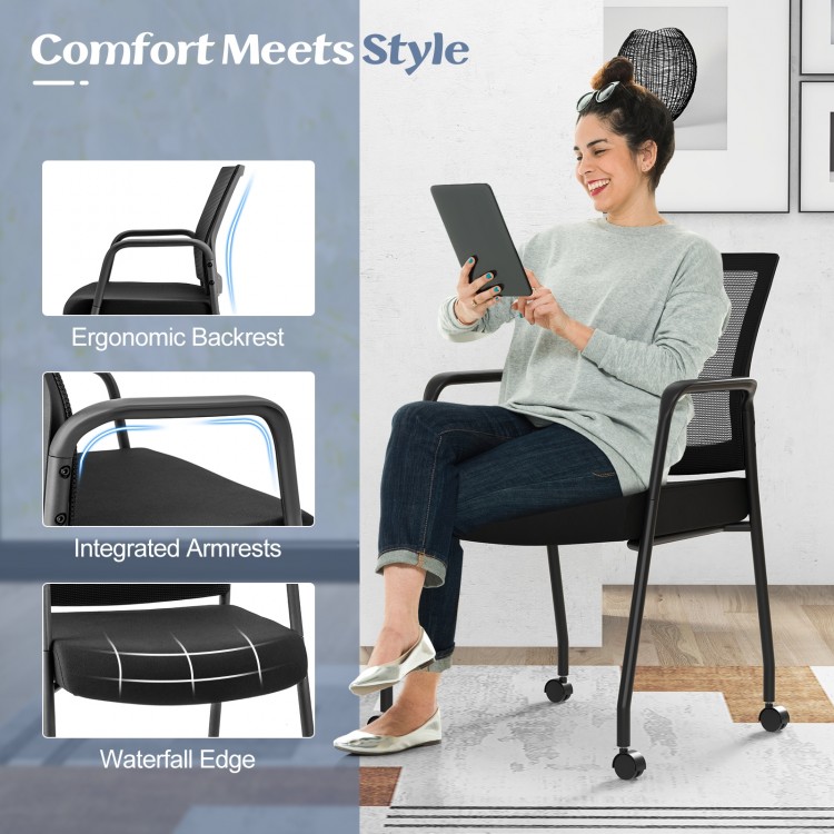 Black office guest chair with wheels, ergonomic backrest, and integrated armrests for comfortable seating in any.