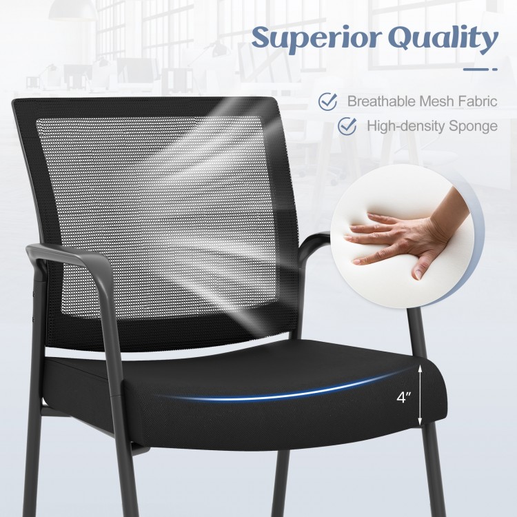 Black office guest chair with breathable mesh backrest, high-density sponge seat, and ergonomic design for comfort.