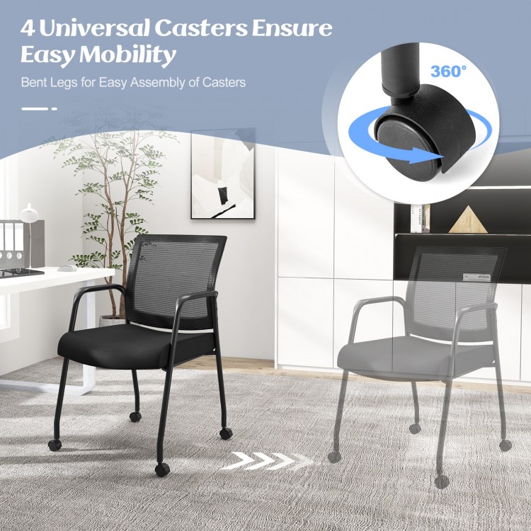 Black office guest chair with armrests and 360° wheels, featuring a breathable mesh backrest for optimal comfort.