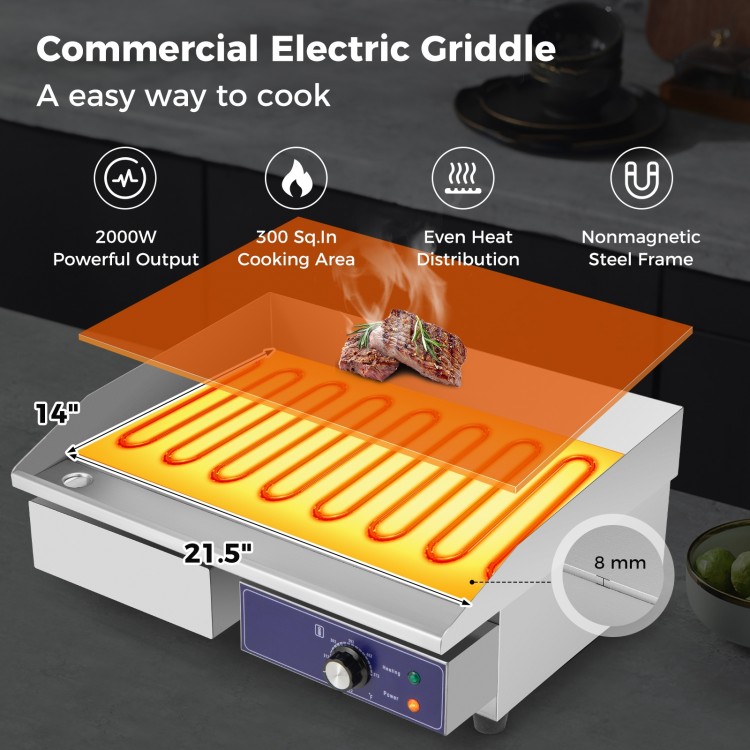 22-inch commercial electric griddle with stainless steel body, even heat distribution, ideal for cooking pancakes and.