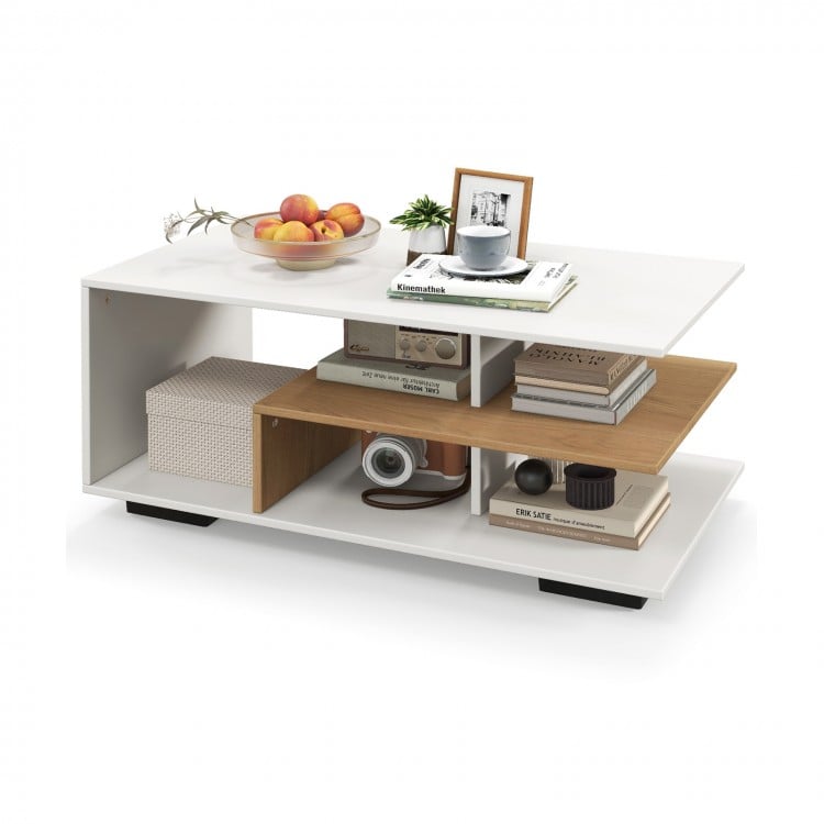 Rectangular coffee table with L-shaped middle shelf in white, featuring 3 tiers for storage and a waterproof surface.