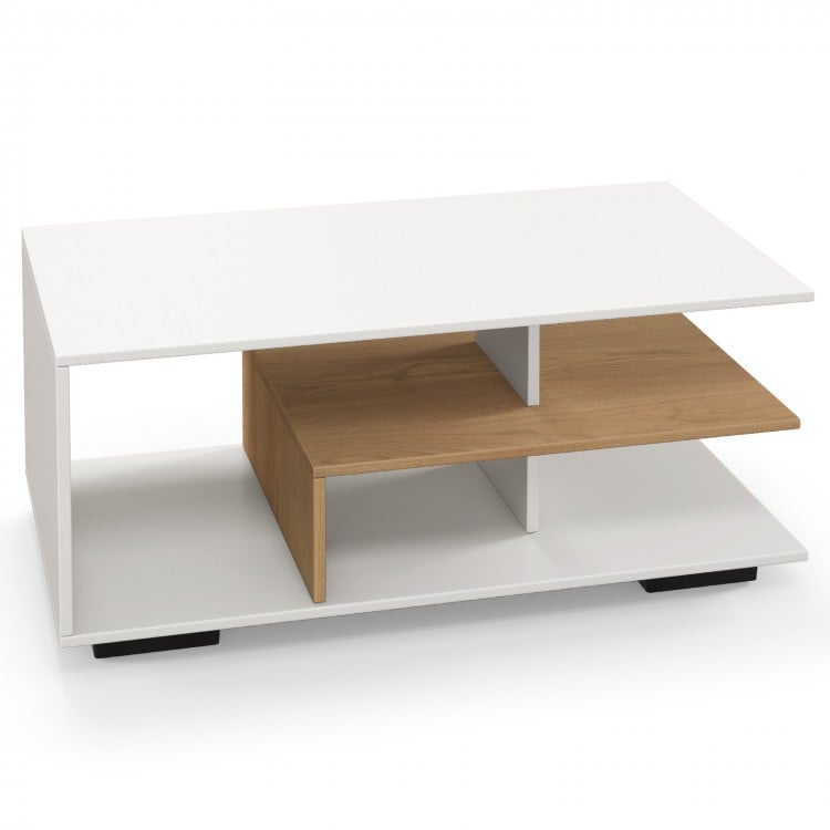 Rectangular coffee table with L-shaped middle shelf in white and wood, offering ample storage and a geometric design.