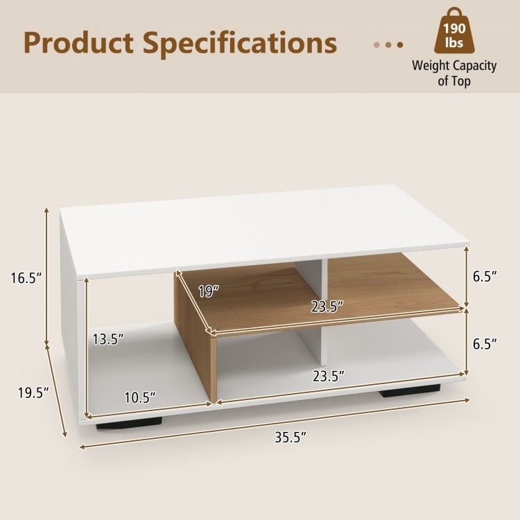 Rectangular coffee table with L-shaped middle shelf, white finish, featuring 3 tiers for storage and geometric design.
