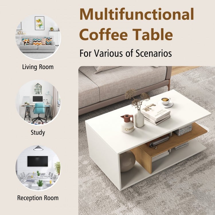 Rectangular coffee table in white with L-shaped middle shelf, showcasing a stylish geometric design for versatile room.