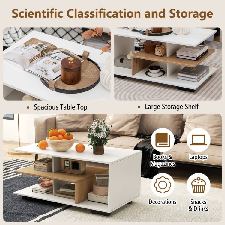 Rectangular coffee table with L-shaped middle shelf in white, featuring spacious storage for books and decorations.