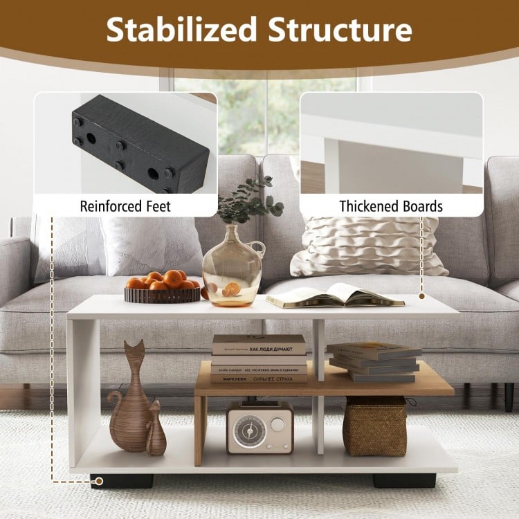 Rectangular coffee table with L-shaped middle shelf, featuring reinforced feet and thickened boards for stability.